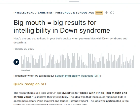 Picture of Informed SLP article "Big mouth = big results for intelligibility in Down syndrome"