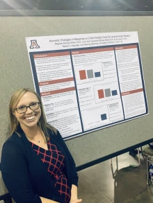 A woman in glasses stands in front of a large academic poster on acoustic changes in child-friendly speech.